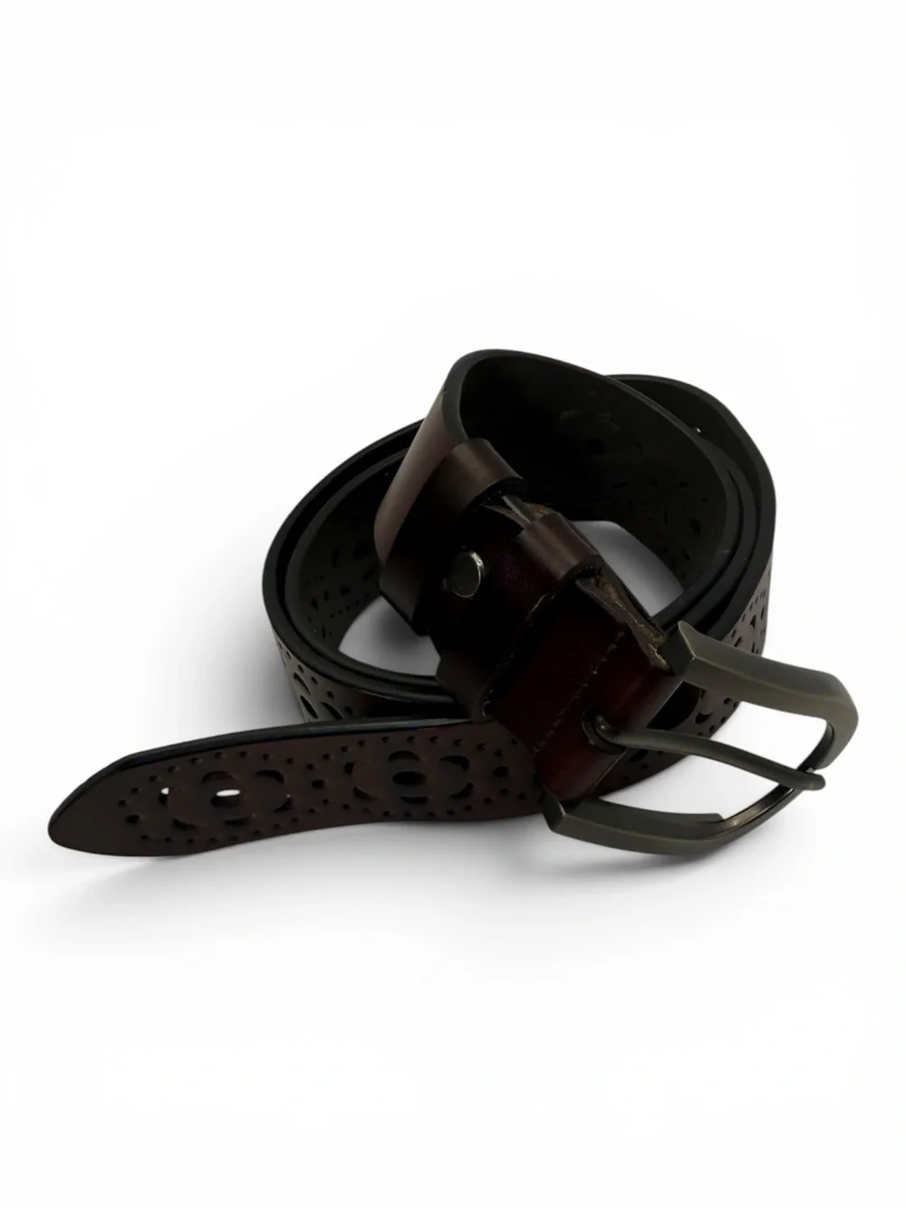 Buckle Perforated Brown Leather Belt with Brushed Metal Buckle